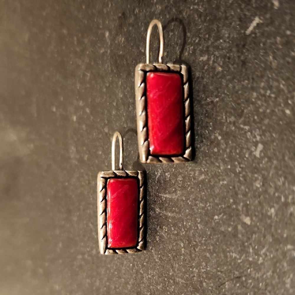 Silver and Red Rectangular Earrings
